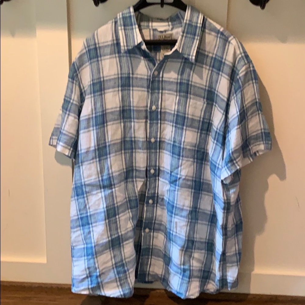 LLBean Linen Short Sleeve Plaid Button Down XL